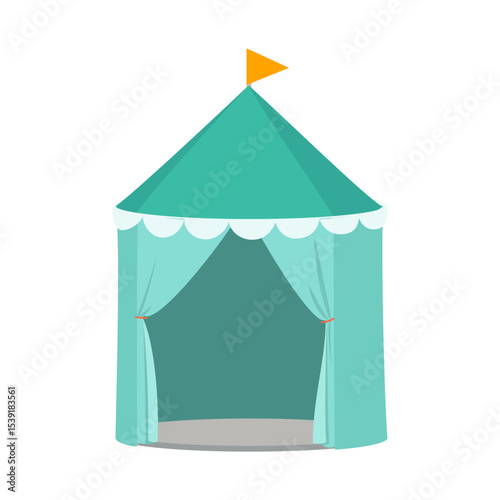 Illustration of a turquoise circus tent with an orange flag and white trim on white backdrop