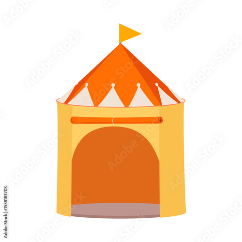 Illustration of a vibrant orange and yellow circus tent with a small flag on top