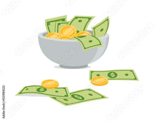 Illustration of coins and banknotes overflowing from a bowl, with more scattered around