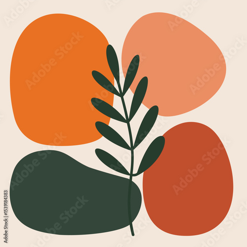 Abstract organic shapes with dark green leaf branch in modern earthy minimal art style
