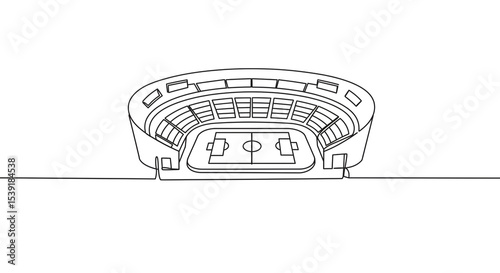 A continuous line drawing of a soccer stadium with seating and a field on a white background view