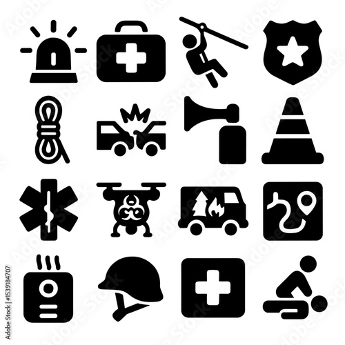 Emergency Services Icons. Solid style icons of emergency services: flashing emergency siren, trauma medical bag, rescue zip line