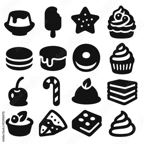 Dessert Icon Collection. Solid style icons of desserts: caramel pudding bowl, ice cream bar with bite, sugar star cookie, berry