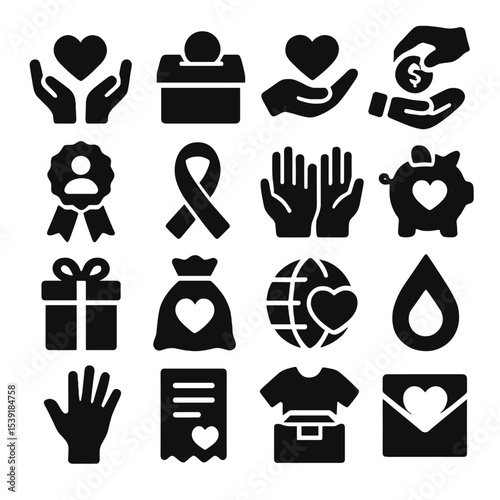 Charity Icons Collection. Solid style icons of charity and donation: open hands with heart, donation box with coin slot, heart