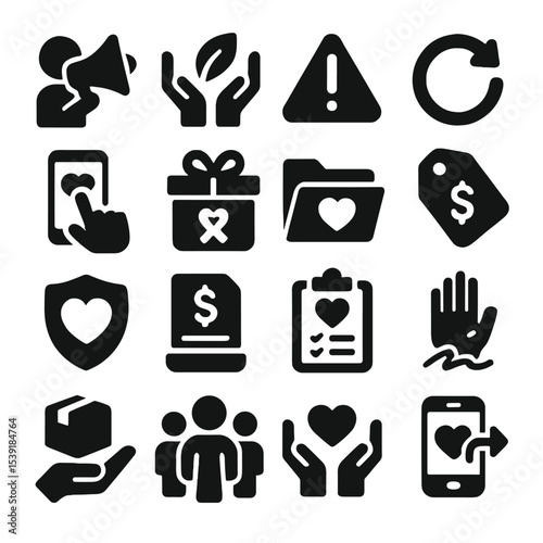 Charity Icons Collection. Solid style icons of charity and donation: supporter megaphone icon, hands holding leaf of hope, urgent