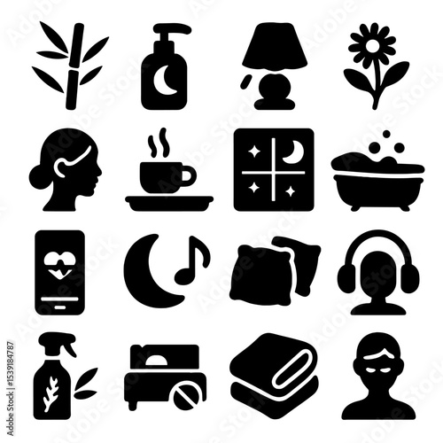 Sleep Relaxation Icons. Solid style icons of sleep and relaxation: bamboo leaves icon, night lotion bottle, bedtime mood lighting,