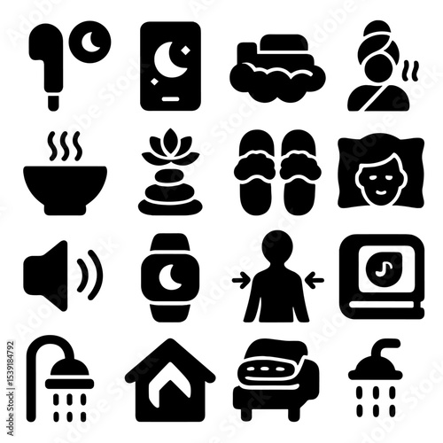 Sleep and Relaxation Icons. Solid style icons of sleep and relaxation: earbud with moon icon, mobile app bedtime mode, floating