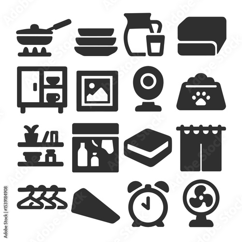 Home Essentials Icons. Solid style icons of home essentials: pan on stove icon, dinnerware stack, water jug and glasses, bedsheet