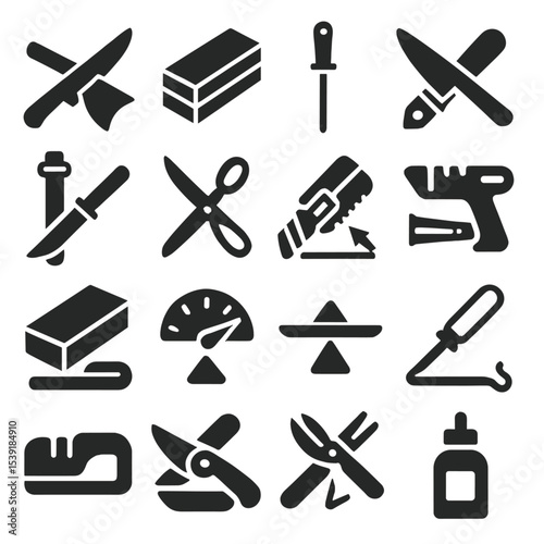 Blade Sharpening Icons. Solid style icons of blade sharpening: knife being tested on paper, whetstone with dual grit, honing rod