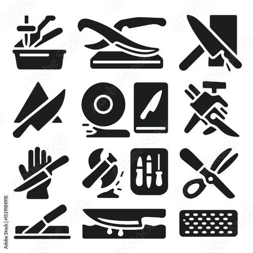 Blade Sharpening Icons. Solid style icons of blade sharpening: water reservoir sharpener system, curved knife on flat hone, rust