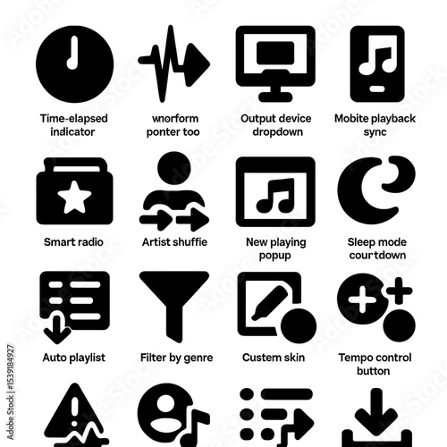 Music Player Icons. Solid style icons of music player interface: time-elapsed indicator, waveform pointer tool, output device