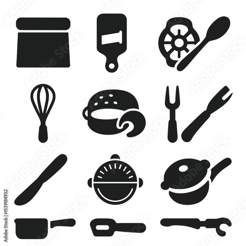 Solid Kitchen Utensils. Solid style icons of kitchen utensils: chopping scraper, truffle shaver, melon slicer, soup spoon rest,