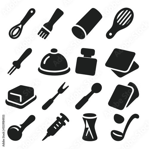 Kitchen Utensil Icons. Solid style icons of kitchen utensils: dough whisk, silicone basting brush, garlic tube roller, avocado