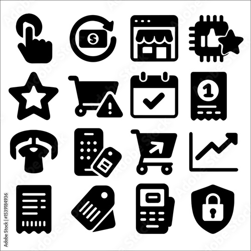 Shopping Icon Set. Solid style icons of shopping and retail: click-to-buy button, cashback processing icon, shop preview popup,
