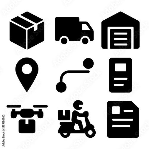 E-commerce Logistics Icons. Solid style icons of e-commerce logistics: delivery box, shipping truck, warehouse building, map pin,