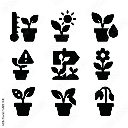 Plant Care Indicators. Solid style icons of plant care indicators: growth meter, sunlight level, moisture gauge, fertilizing alert