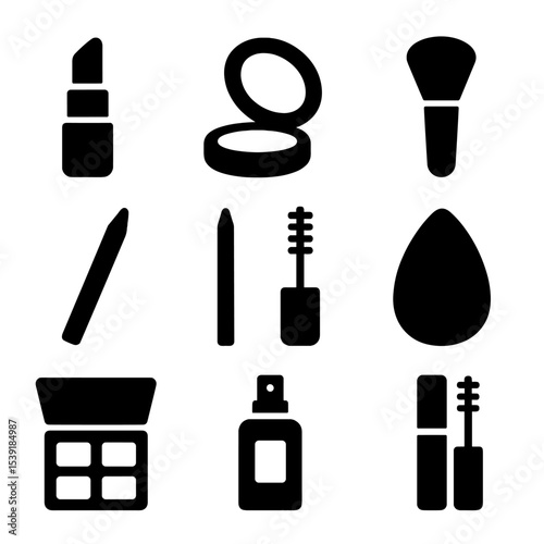 Makeup Essentials Icons. Solid style icons of makeup essentials: lipstick tube, compact powder, blush brush, eyeliner pencil,