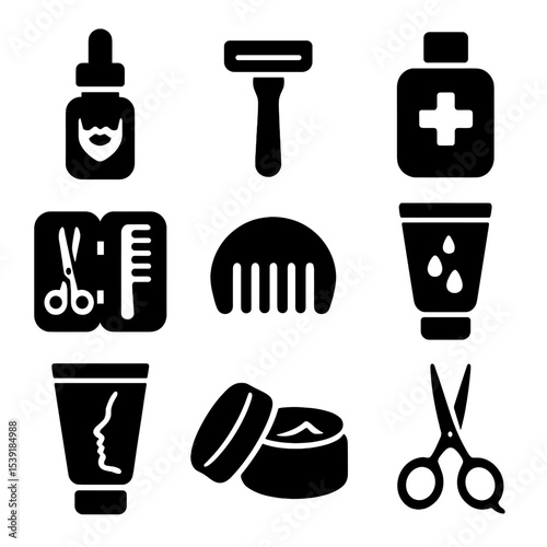Men's Grooming Icons. Solid style icons of men’s grooming: beard oil, shaving razor, aftershave bottle, grooming kit, beard comb,