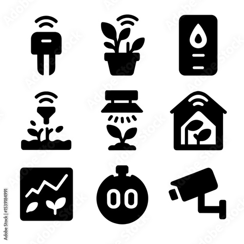 Smart Gardening Icons. Solid style icons of smart gardening technology: garden sensor, plant monitor, moisture alert app,