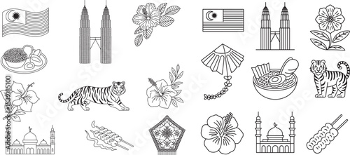 Malaysian Culture Line Icons Featuring Petronas Towers, Wildlife, and Traditions.