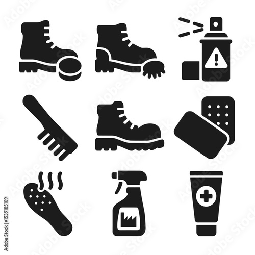 Workplace Shoe Care Icons. Solid style icons of workplace shoe care: safety shoe polish, steel toe cleaner, anti-slip spray, work
