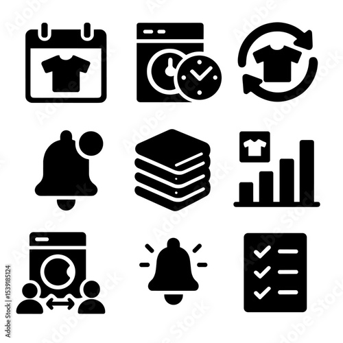 Laundry Icon Set. Solid style icons of laundry scheduling: calendar with clothes, wash timer, repeat cycle, laundry reminder,