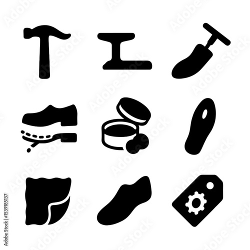 Professional Shoe Care Icons. Solid style icons of professional shoe care: cobbler hammer, repair bench, leather stretcher, sole