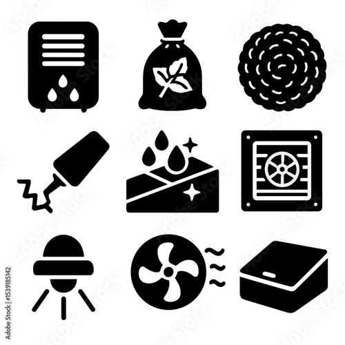 Pest Control Icons. Solid style icons of crawl space and basement pest control: dehumidifier, mint bag, steel wool, crack filler,
