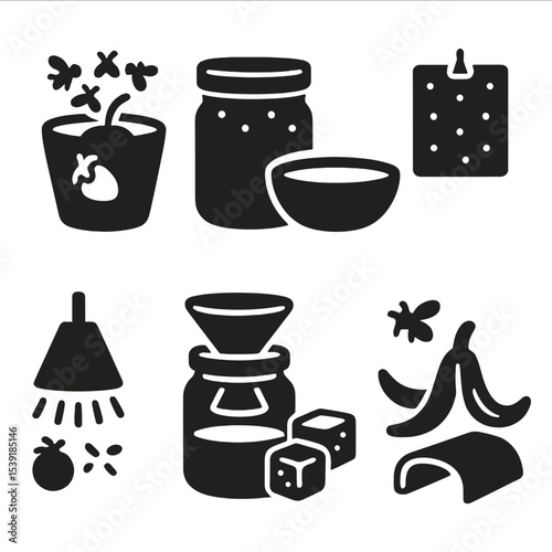 Homemade Trap Icons. Solid style icons of homemade traps: fruit fly trap, jar with holes, vinegar bowl, sticky trap, light bait