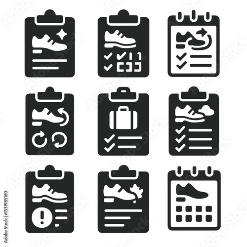 Shoe Care Icons. Solid style icons of shoe care checklists: cleaning plan, weekly shine chart, rotation guide, travel checklist,