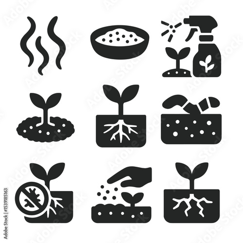 Soil Pest Control Icons. Solid style icons of soil-friendly pest control: beneficial nematodes, diatomaceous earth, compost tea