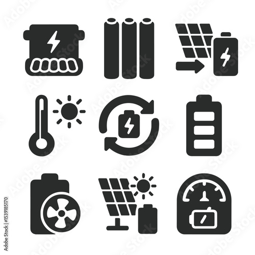 Solar Energy Icons. Solid style icons of solar battery systems: EV battery pack, lithium cells, solar to battery flow, temperature