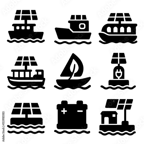 Solar Marine Icons. Solid style icons of solar marine transport: solar ferry, small cargo boat, lake tour boat, pontoon panel boat
