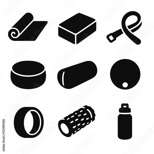 Yoga Equipment Icons. Solid style icons of yoga equipment: yoga mat, yoga block, strap belt, meditation cushion, bolster pillow,