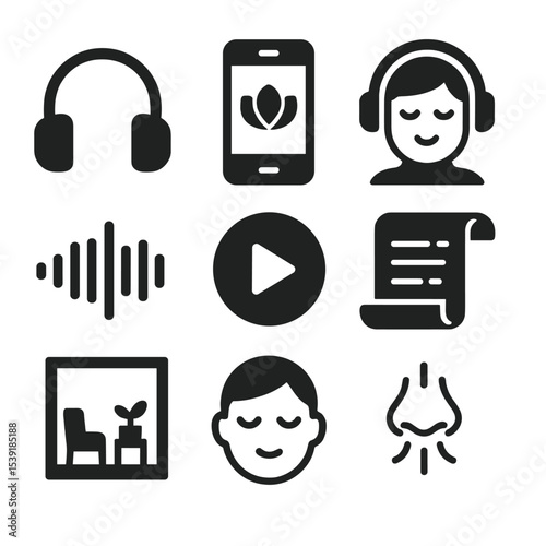 Guided Meditation Icons. Solid style icons of guided meditation: headphone icon, mobile app, calm narrator, audio wave, play