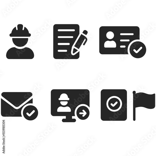 Contractor Registration Icons. Solid style icons of contractor registration steps: user signup, form completion, ID verification,