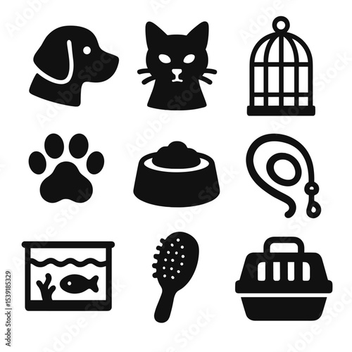 Pet Icons Collection. Solid style icons of pets and animals: dog icon, cat icon, bird cage, paw print, pet food bowl, dog leash,