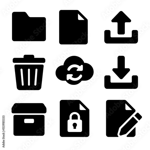 Digital File Icons. Solid style icons of digital file management: folder icon, file document, upload symbol, download symbol,