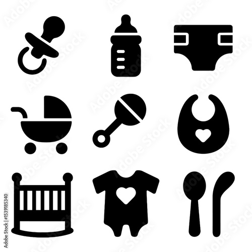Children Care Icons. Solid style icons of children and baby care: pacifier, baby bottle, diaper, baby stroller, rattle toy, bib,