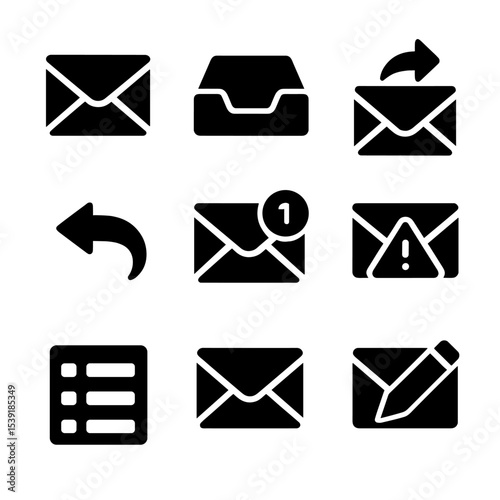 Communication Icons Set. Solid style icons of email and communication: envelope icon, inbox tray, sent mail, reply arrow, forward