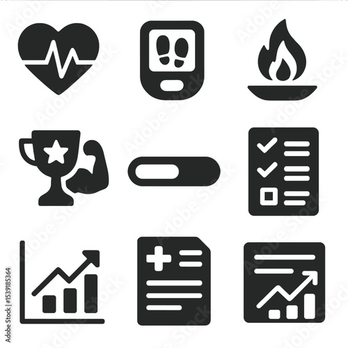 Health Tracking Icons. Solid style icons of health and fitness tracking: heart monitor, step counter, calories burned, hydration