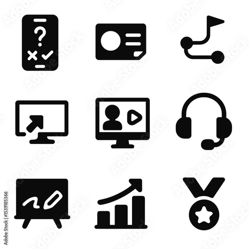 Digital Learning Icons. Solid style icons of digital learning tools: quiz app, flashcard icon, learning path, screen share, course