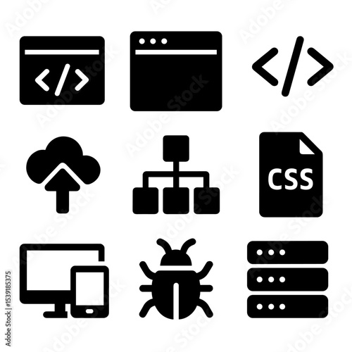 Web Development Icons. Solid style icons of web development: code editor, browser window, HTML tag, CSS icon, cloud deploy, file