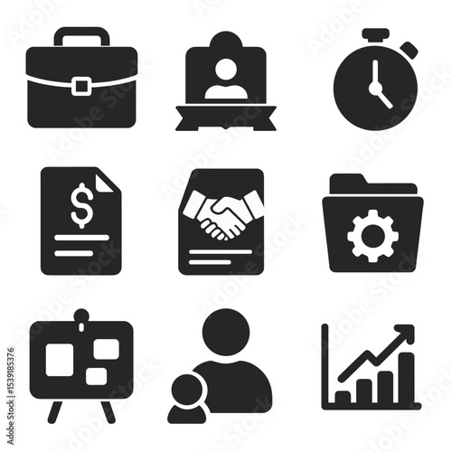 Freelance Tools Icons. Solid style icons of freelance and gig work: portfolio icon, freelance badge, time tracker, invoice file,
