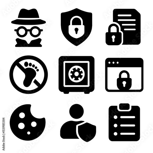 Online Privacy Icons. Solid style icons of online privacy: incognito mode, shield lock, data encryption, tracking blocker,