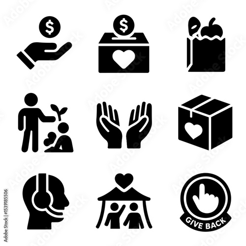 Charity Icons. Solid style icons of charity work: fundraising icon, donation box, food drive, community service, helping hands,