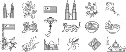 Malaysian Culture Line Icons Featuring Petronas Towers, Wildlife, and Traditions.