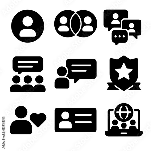 Virtual Community Icons. Solid style icons of virtual community: profile circle, shared interests, group chat, forum thread,