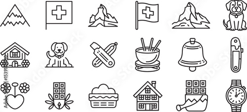Swiss Culture Line Icons Featuring Mountains, Animals, and Famous Symbols.