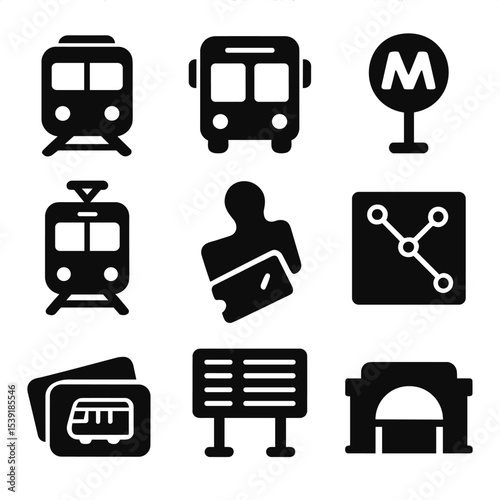 Public Transport Icons. Solid style icons of public transport: train icon, bus icon, metro sign, tram icon, ticket punch, route